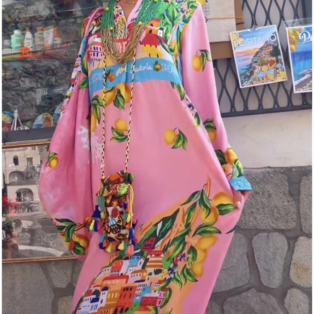 Antica Sartoria Capri by the sea Pink kaftan dress Mumu NWT L/XL
